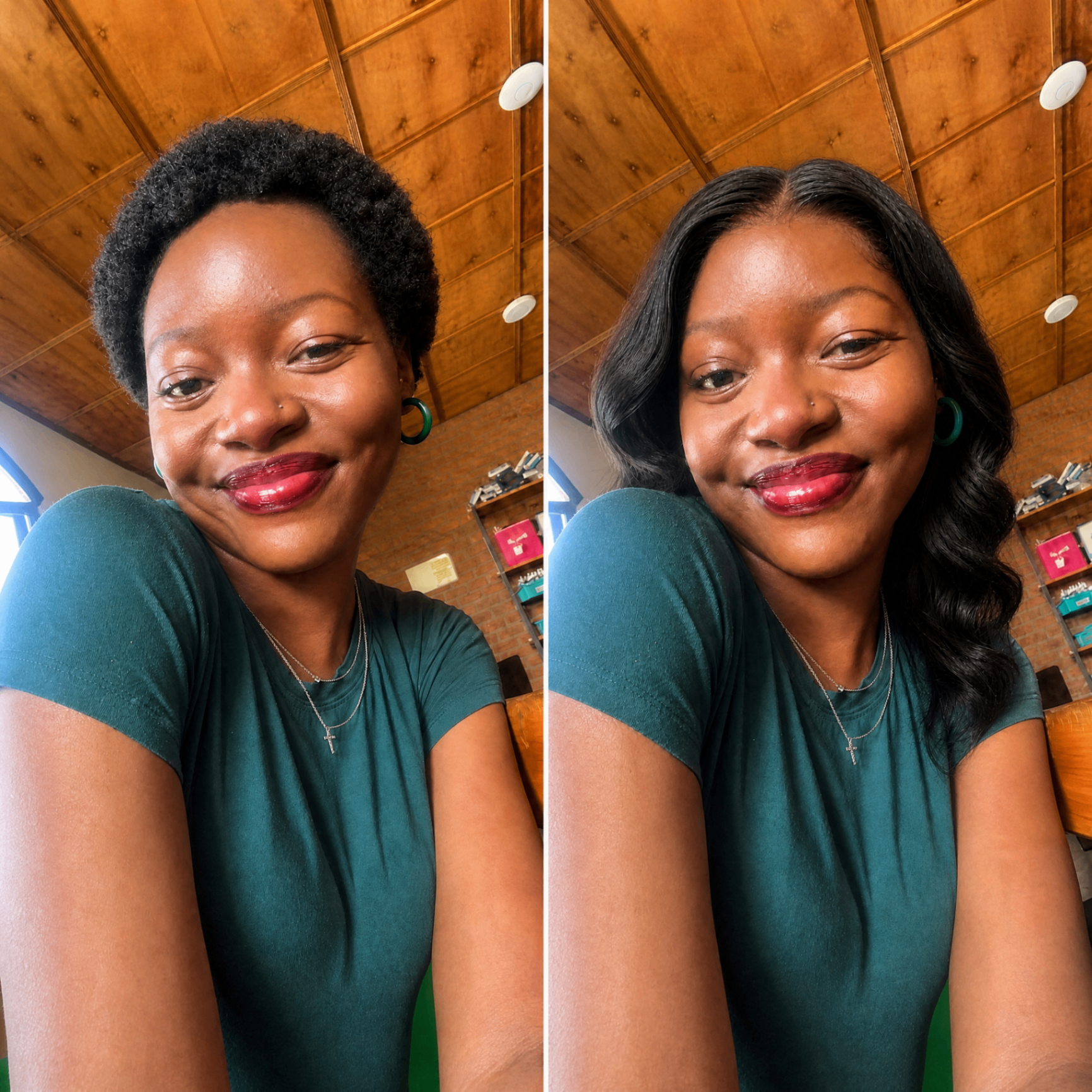 Black woman before and after trying on a long body wave wig using WigCheck